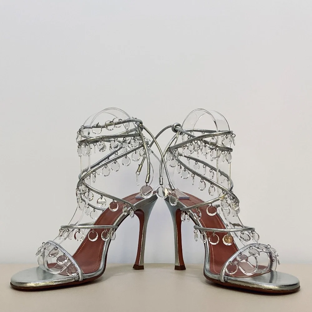 Amina Muaddi Tina Leather Ankle-Wrap Sandals With All Over Crystals-Appliques